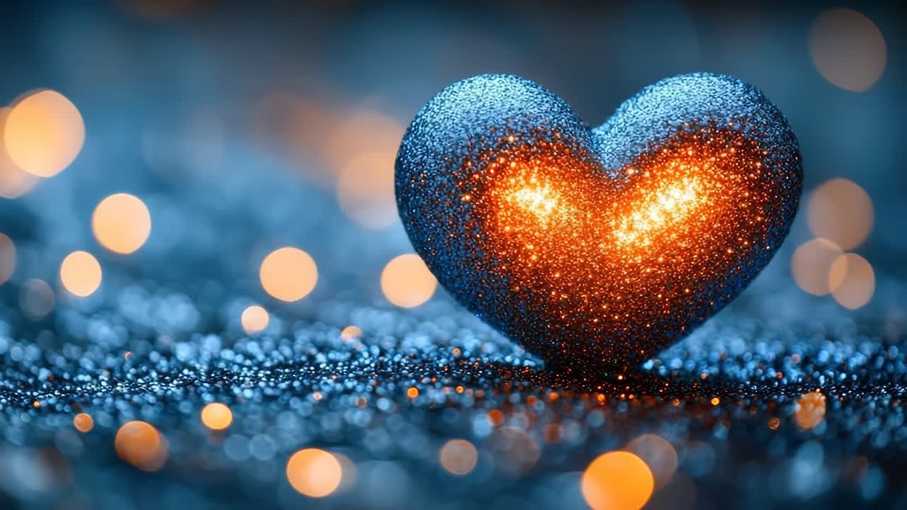 Glow heart decor with sparkle. A shiny heart shaped decoration sparkles with light, surrounded by a festive bokeh background.