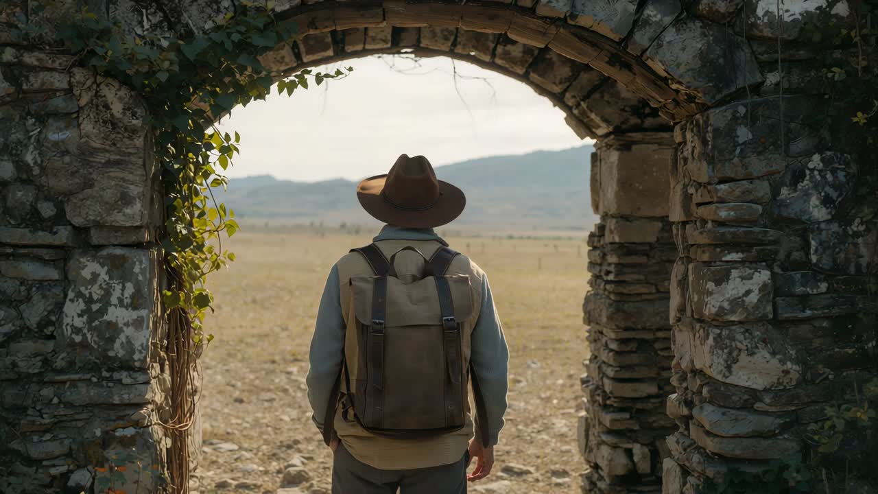Uomo che fa una pausa all'arco, attraversando un arco di pietra e avanzando verso la pianura, indossando un cappello marrone e con uno zaino.