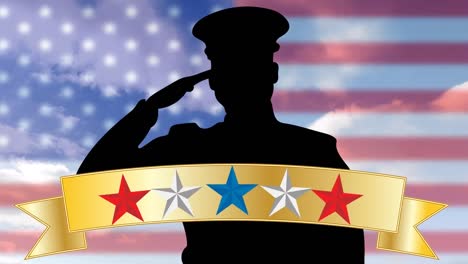 Animation-Eines-Soldaten-Auf-Der-US-Flagge-über-Bewölktem-Himmel