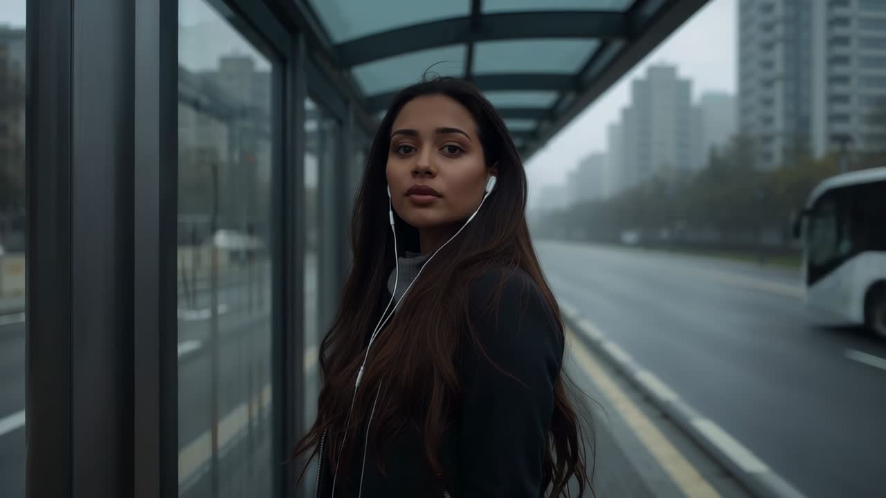 Hearing engine noise, woman wearing dark overcoat and earbuds under bus shelter, watching white bus