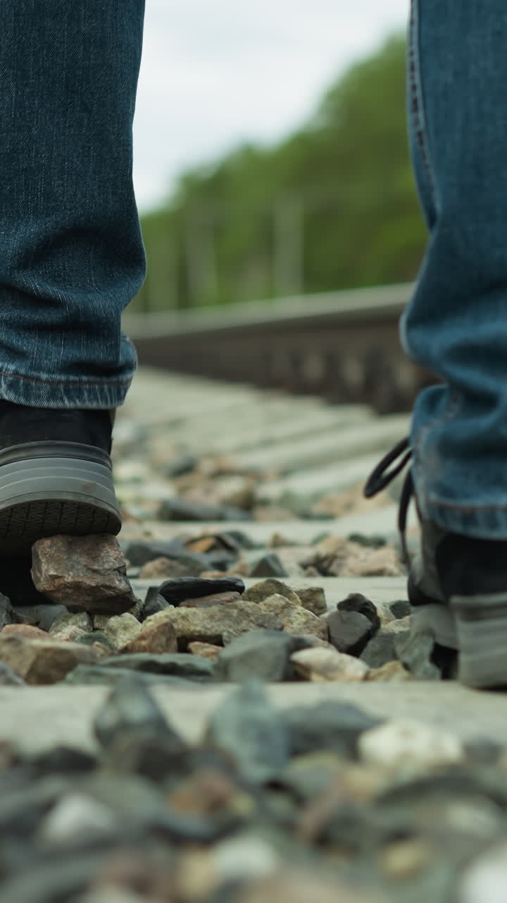 vista de cerca de las piernas de un hombre, en vaqueros y zapatos de lona, caminando de manera irregular en vías ferroviarias rocosas, con una vista borrosa de árboles verdes y postes eléctricos