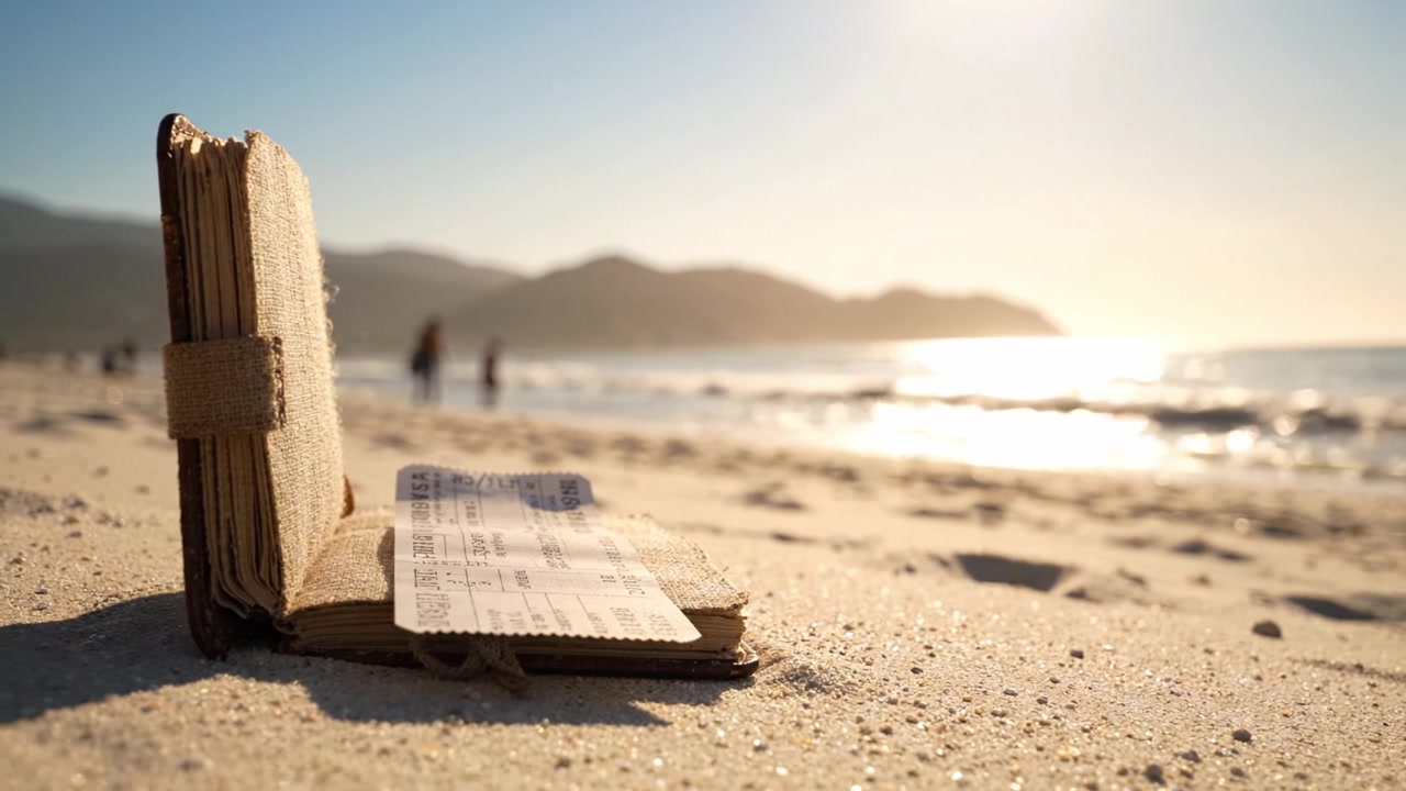 A serene beach scene featuring an open book resting on soft sand, capturing the essence of relaxation, nature, and the joy of reading by the tranquil ocean waves.