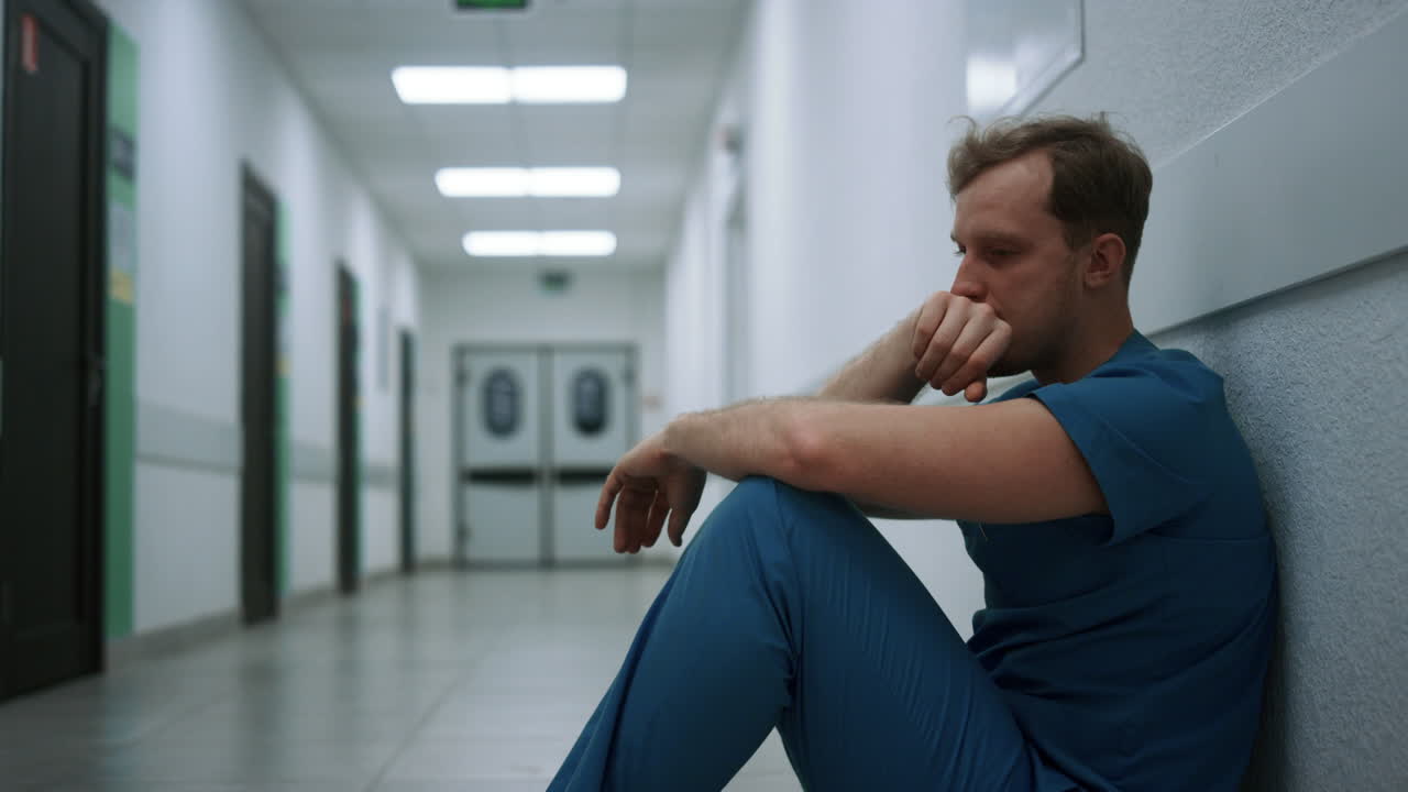 Depressed doctor experiencing hard emotions sitting on clinic hallway close up.