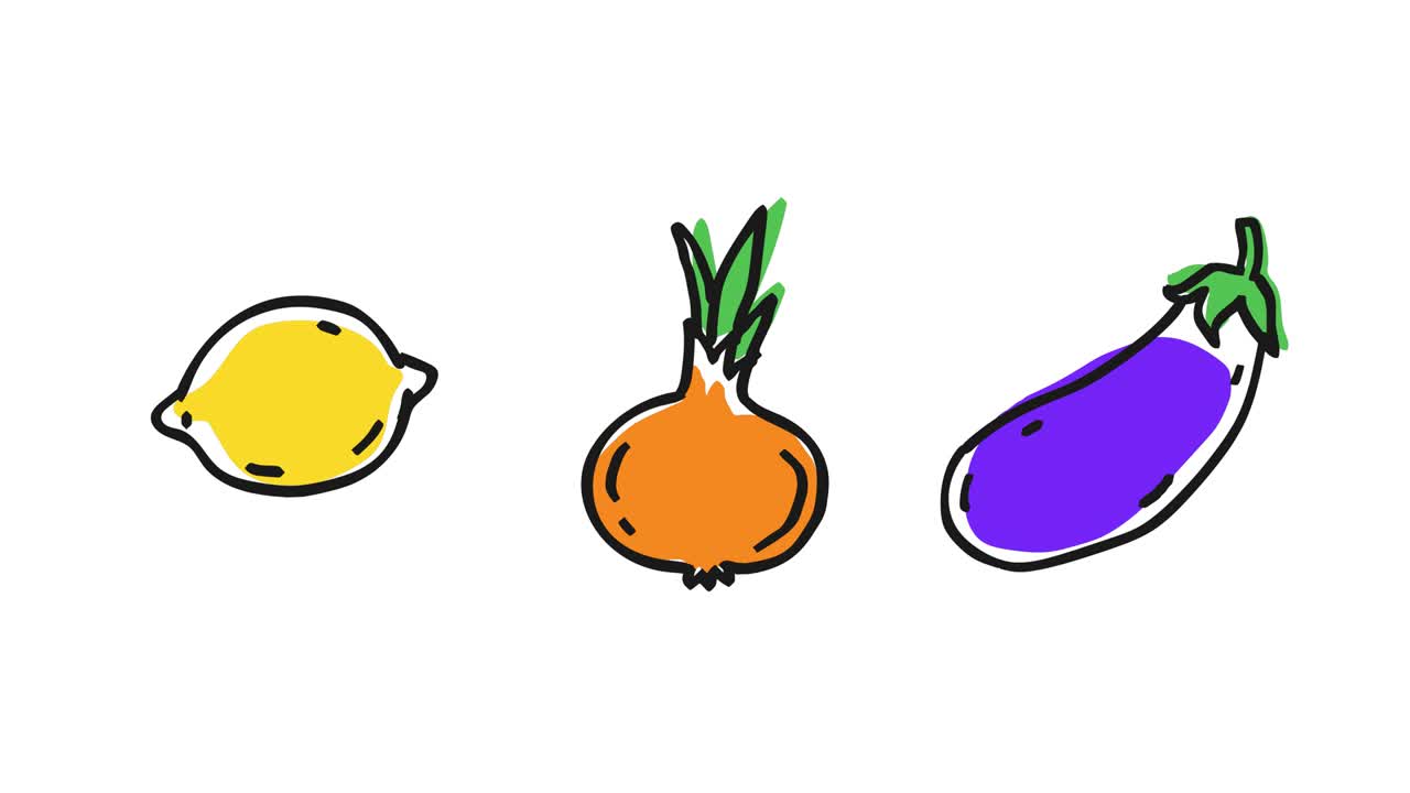 Lemon onion eggplant. Frame by frame animation. Alpha channel
