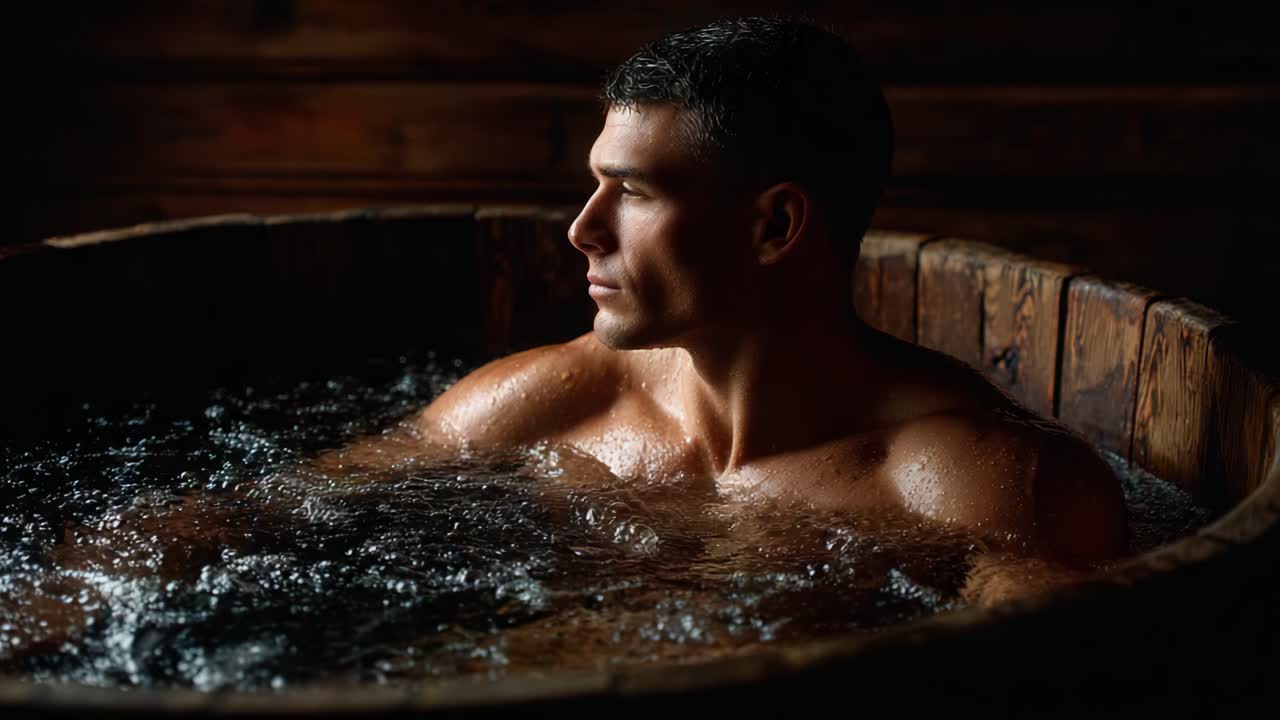 Relaxing Moments: A Man in a Wooden Bathtub Enjoys a Restful Soak Amidst Tranquil Surroundings, Emphasizing Self-Care and Serenity in a Cozy Atmosphere