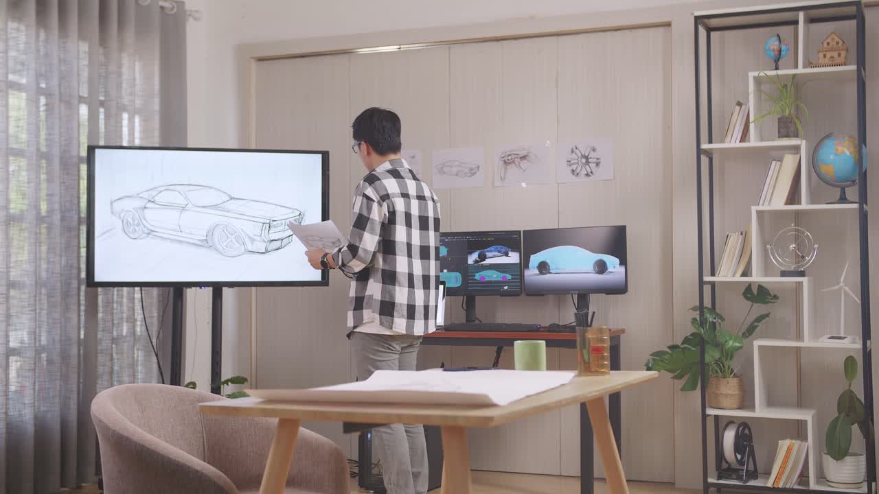 아시안 남성은 컴퓨터 디스플레이 3d 전기 자동차 모델과 함께 스튜디오에서 자동차 디자인 스케치를 작업하는 동안 tv에서 사진과 디자인을 비교합니다.