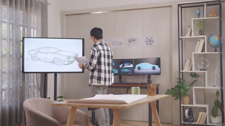 Homem Asiático Comparando Seu Design com a Foto na TV Enquanto Trabalha em um Esboço de Design de Carro no Estúdio com Computadores Exibindo um Modelo 3D de Carro Elétrico