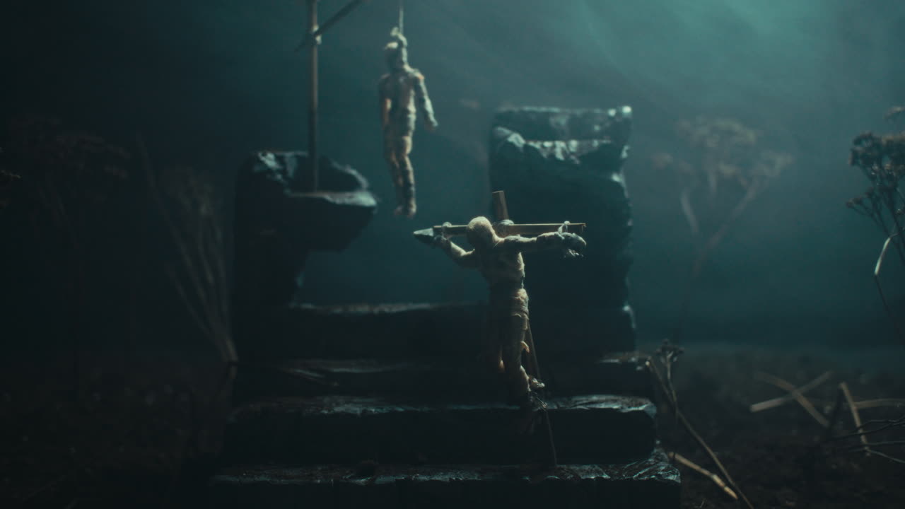 A miniature scene of the mummified dolls hanging on the gallows at night