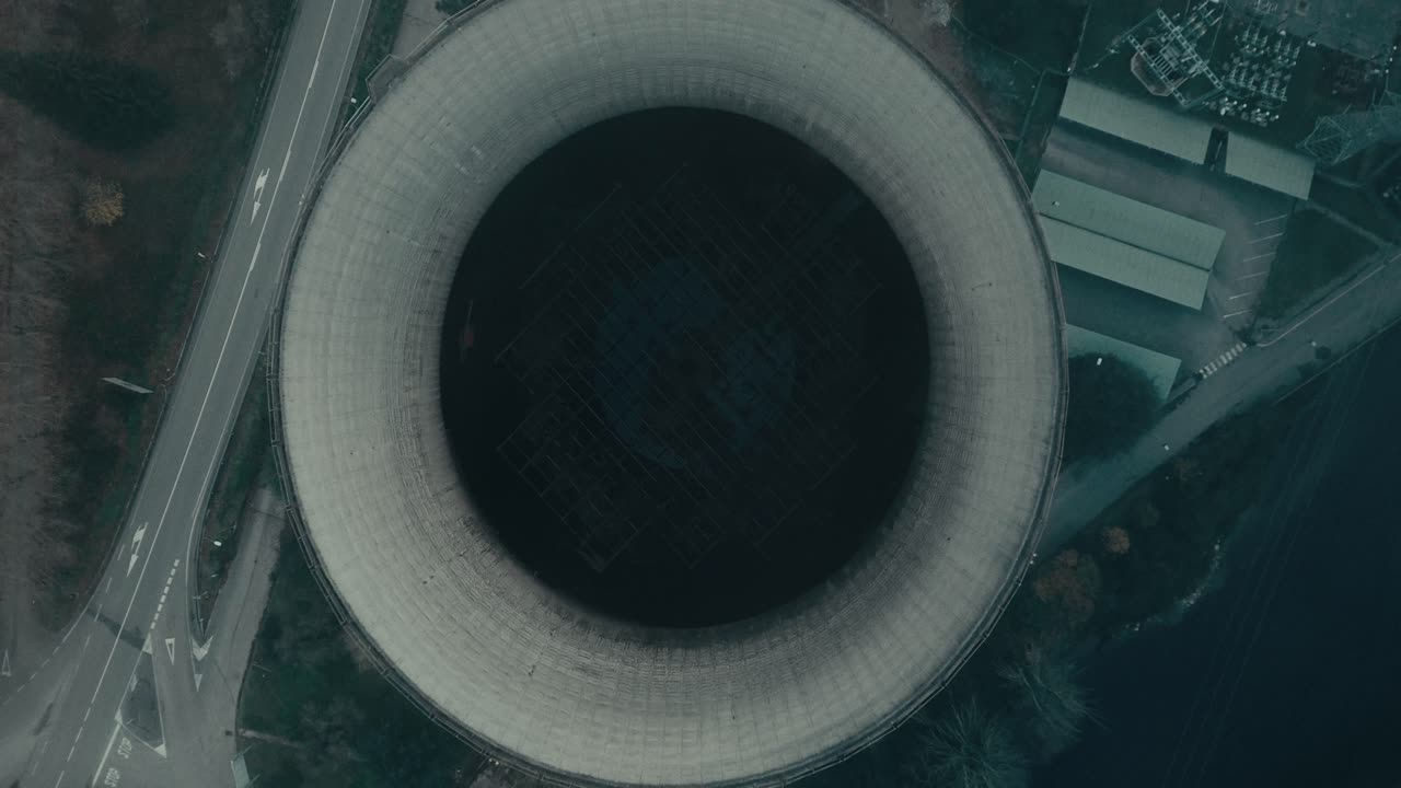 Vista aérea cenital de una gran torre de refrigeración industrial