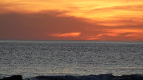 Orangefarbene-Farbtöne-Bedecken-Den-Himmel,-Während-Ein-Einsamer-Seevogel-Bei-Sonnenuntergang-über-Ruhige-Meere-Gleitet,-Heiter