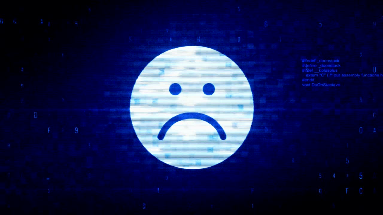 símbolo de cara infeliz animación de error de ruido de píxeles digitales.