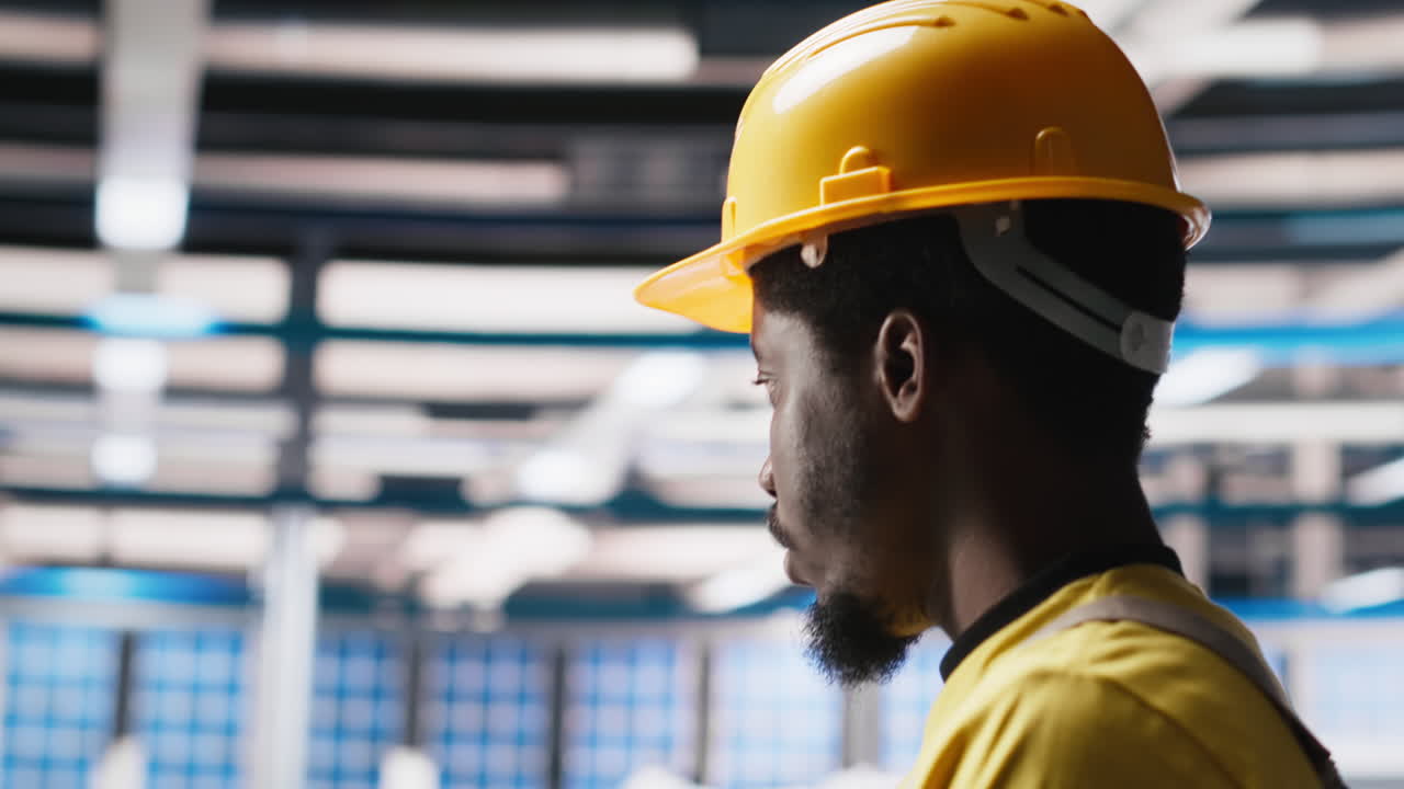 Vertical Video Black engineer in photovoltaics factory diagnoses malfunctioning systems