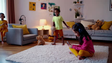peaceful moments: a child relaxes and sleeps with headphones in a cozy living room