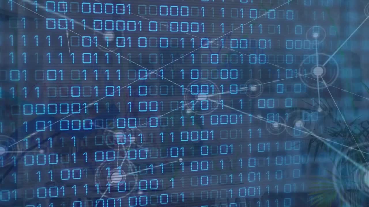 Animation of dots connected with lines over looping binary codes against abstract background