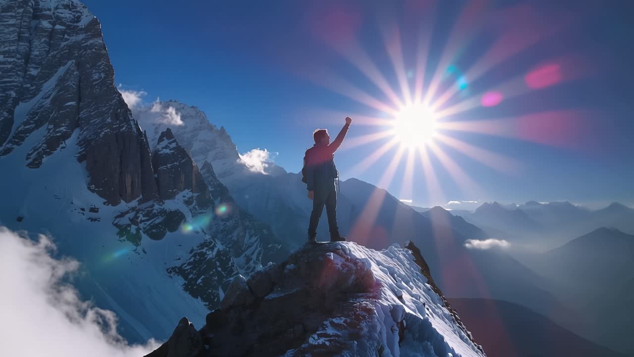 Un alpinista solitario si erge in cima a una vetta innevata. La luce del sole irrompe dietro di loro, proiettando un bagliore radioso. Alza un braccio in segno di trionfo contro la vasta catena montuosa. Le montagne si estendono verso orizzonti nebbiosi.