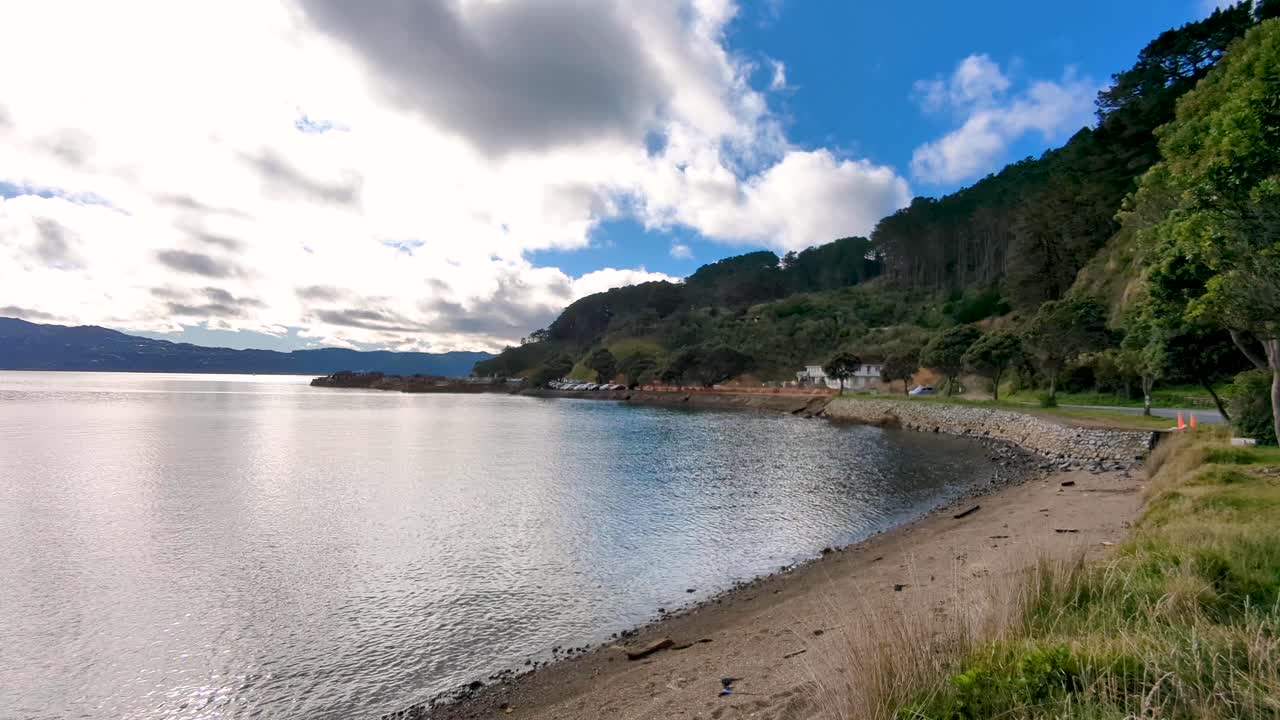 Serene Coastal Landscape with Sandy Beach and Calm Waters
