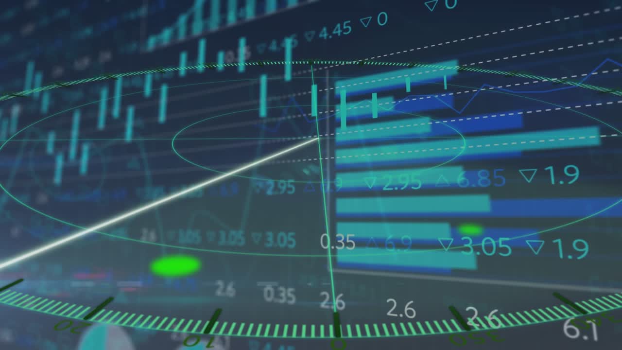 Animation av rund skanner över bearbetning av statistik- och aktiemarknadsdata mot blå bakgrund