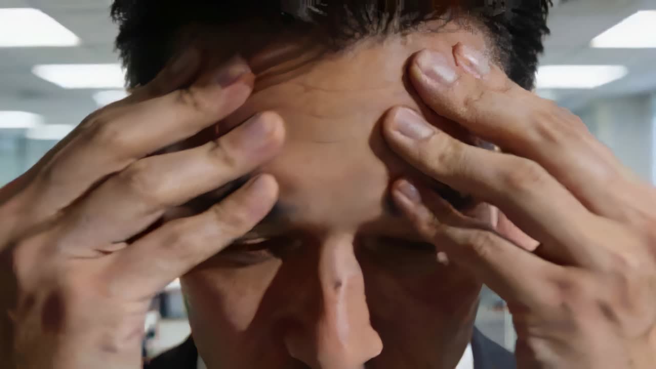 オープンオフィスで、スーツと白いシャツを着た男性がストレスでこめかみを手で押さえている。