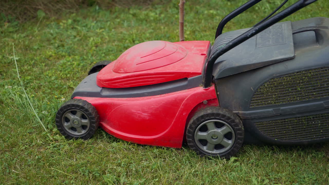 Cutting fresh green grass with lawn mower. Barefoot young girl mowing grass with a lawn mower in garden