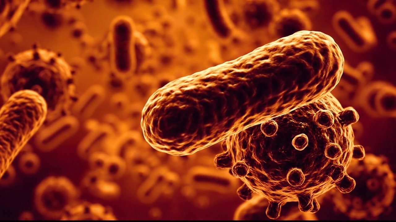 Vista microscopica di batteri e virus che fluttuano in un fluido