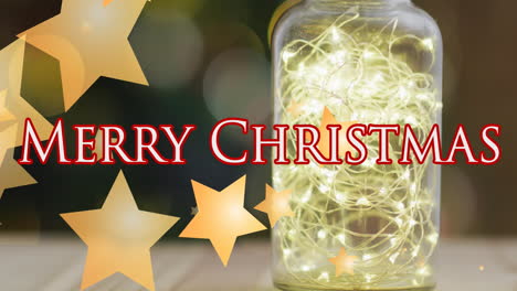 banner de texto de feliz navidad e iconos de estrellas amarillas contra luces de hadas en un frasco de vidrio