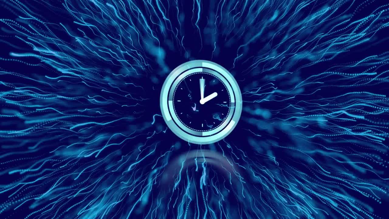 Animace hodin nad ohňostrojem na tmavě modrém pozadí