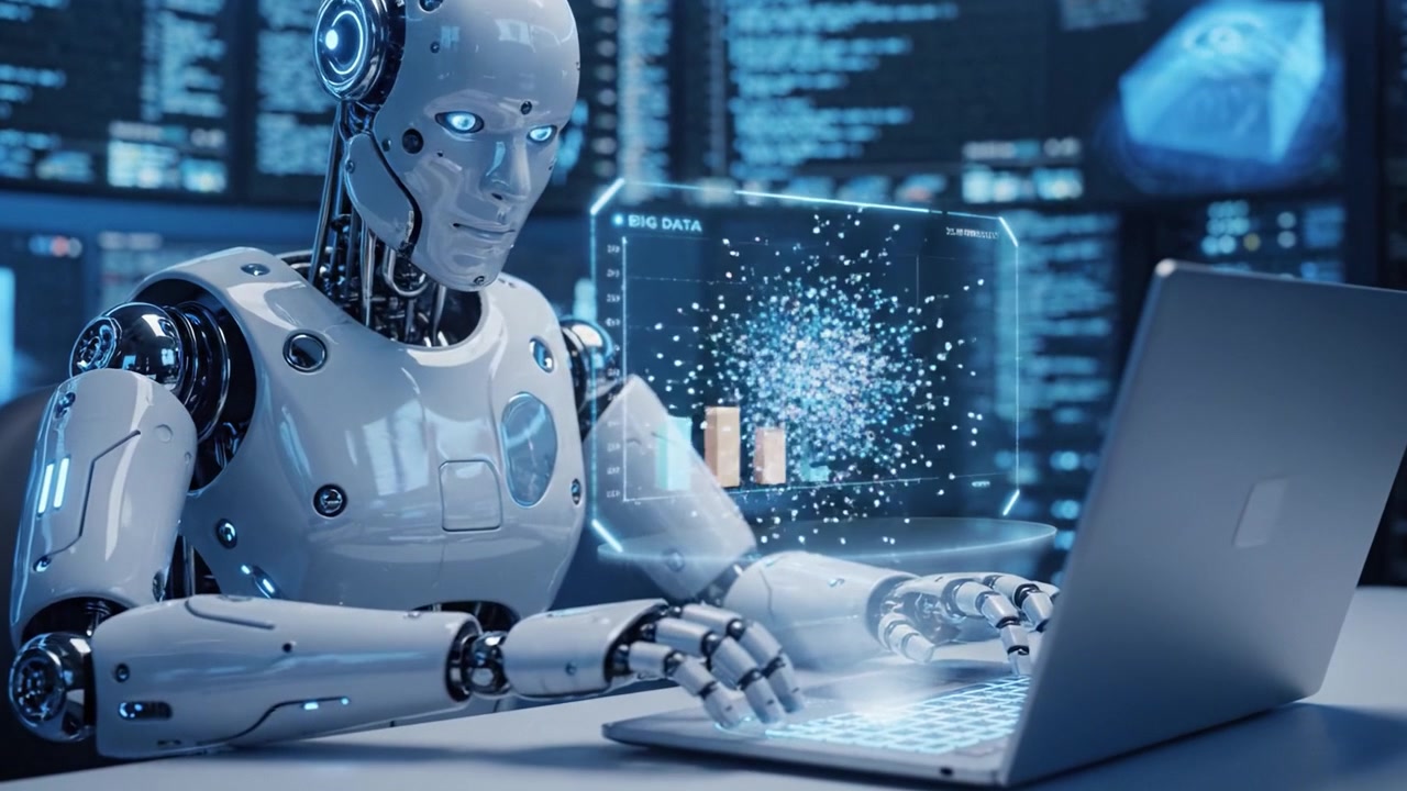 Un Robot Futuristico che Analizza Dati su un Laptop in un Ambiente High-Tech con Grafici e Visualizzazioni che Mostrano Approfondimenti sui Big Data e Tendenze Analitiche