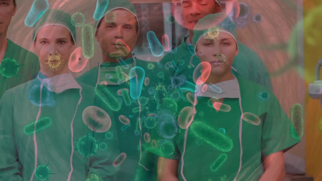 미소 짓는 의사 들 위 에 떠다니는 바이러스 세포 의 애니메이션