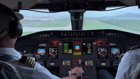 unique view of a middle size jet during landing phase at dawn