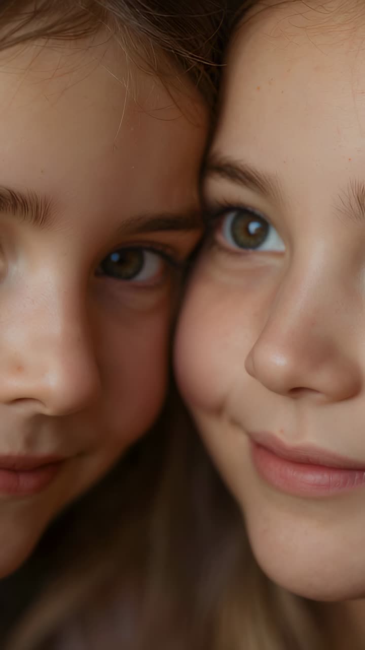 Video verticale: la fotocamera si avvicina a due ragazze guancia a guancia in una stanza accogliente illuminata da un bokeh
