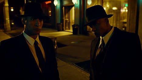 two men in suits on a night street