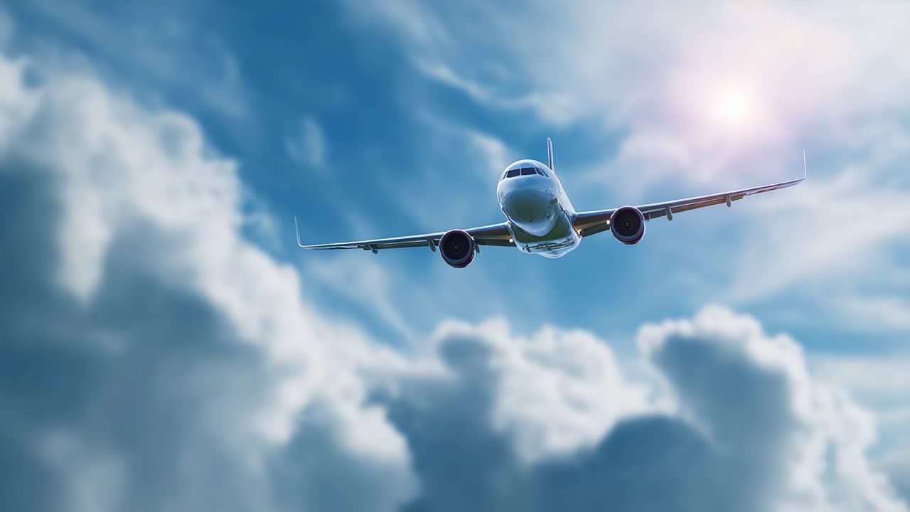 Un aereo maestoso che si libra con grazia in un cielo vivace, pieno di nuvole soffici, catturando l'essenza del volo e dell'avventura nell'immensità blu