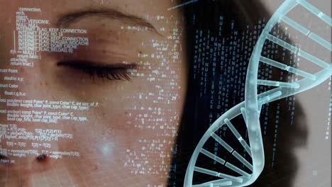 spinning dna against digital codes and woman face