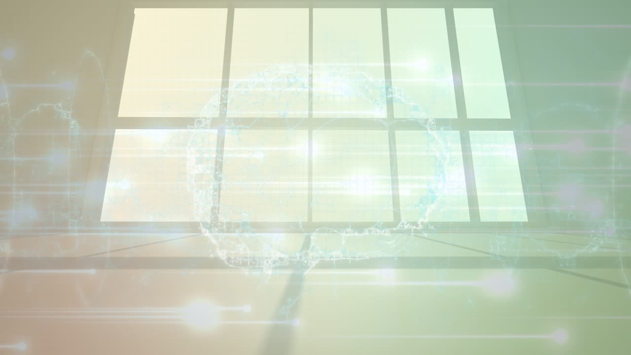 窓を背景にした脳と多様なデータのアニメーション。
