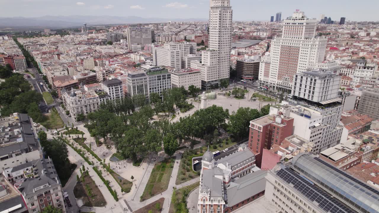 Aerial Panoramic: Madrid's Plaza de Espa&ntilde;a vibrant square amidst cityscape
