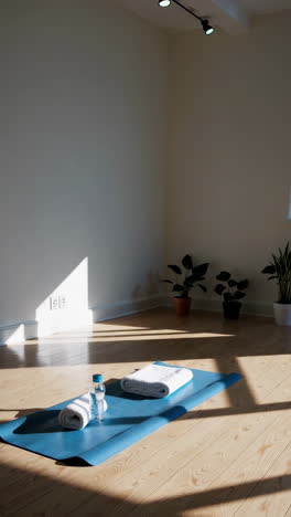 empty yoga studio with mat, towels, and water bottle