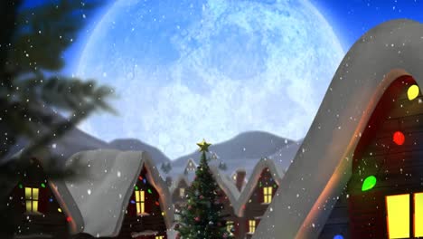 Winter-scenery-with-full-moon,-houses-and-falling-snow