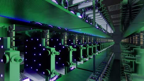 3d animation of mining equipment on stand racks mine cryptocurrency in steel container. blockchain technology application specific integrated circuit datacenter. server room lights.