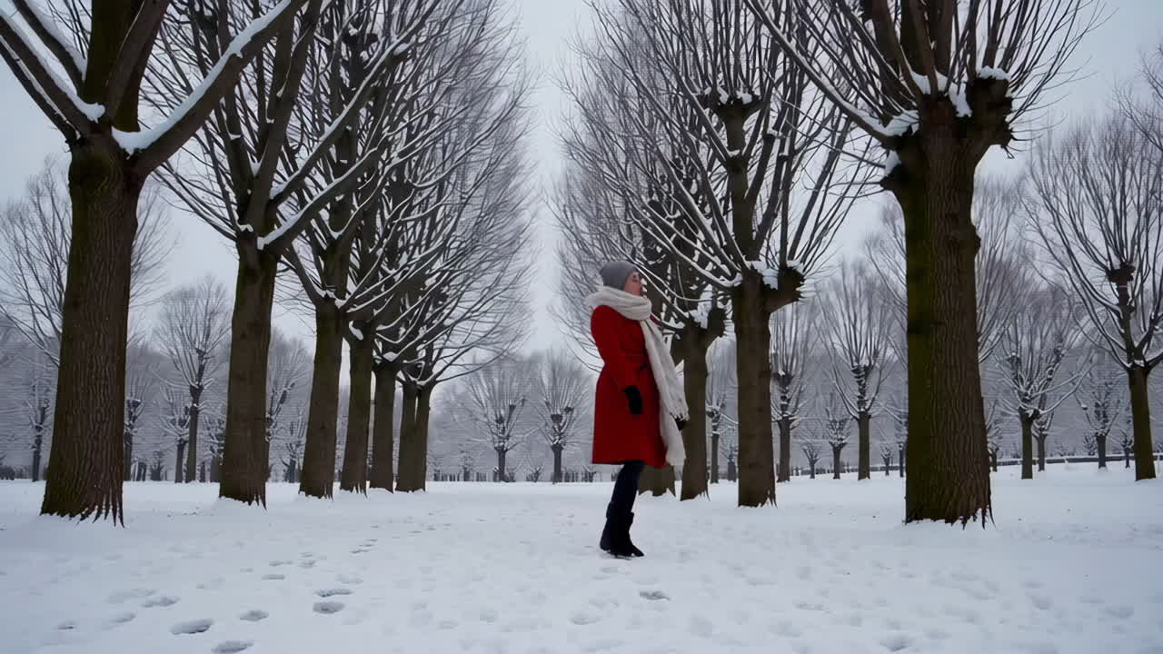 Woman in Red Coat in a Snowy Park