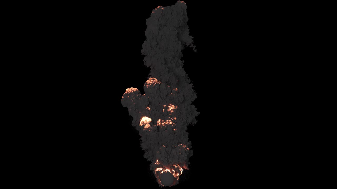 combustión de combustible con humo negro espeso. fuego con humo negro en un fondo aislado con un canal alfa, una explosión de combustible o explosivos.