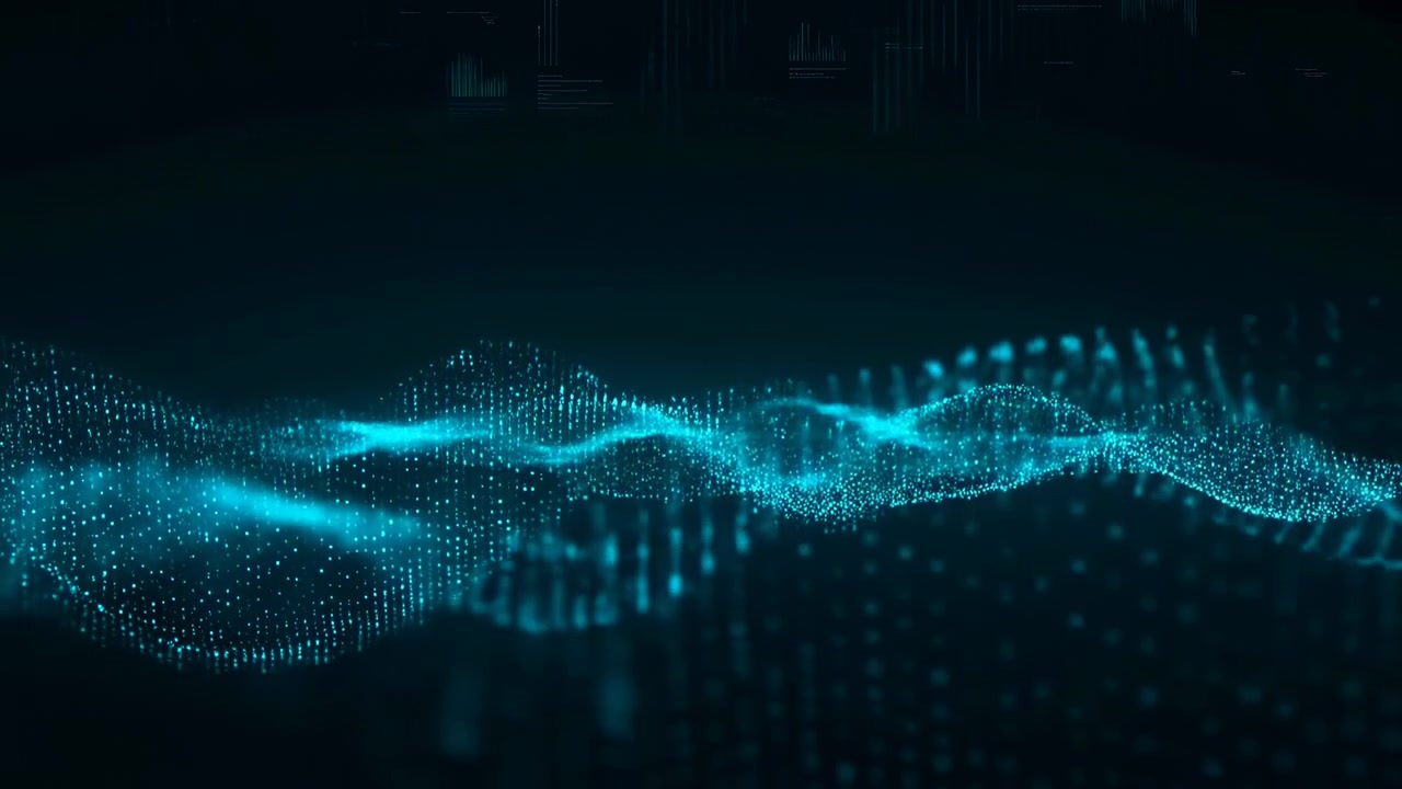 Teal Particle Wave Data Visualization Undulating Points Form Flowing Digital Landscape With Deep Navy
