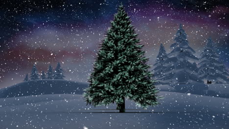 Animation-of-snow-falling-over-fir-trees-and-winter-landscape