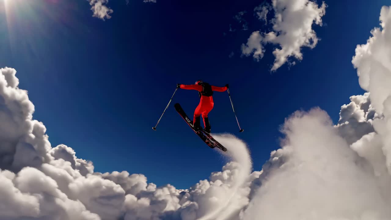 A skier in red gear soars above fluffy clouds, captured from a low-angle shot, creating a surreal