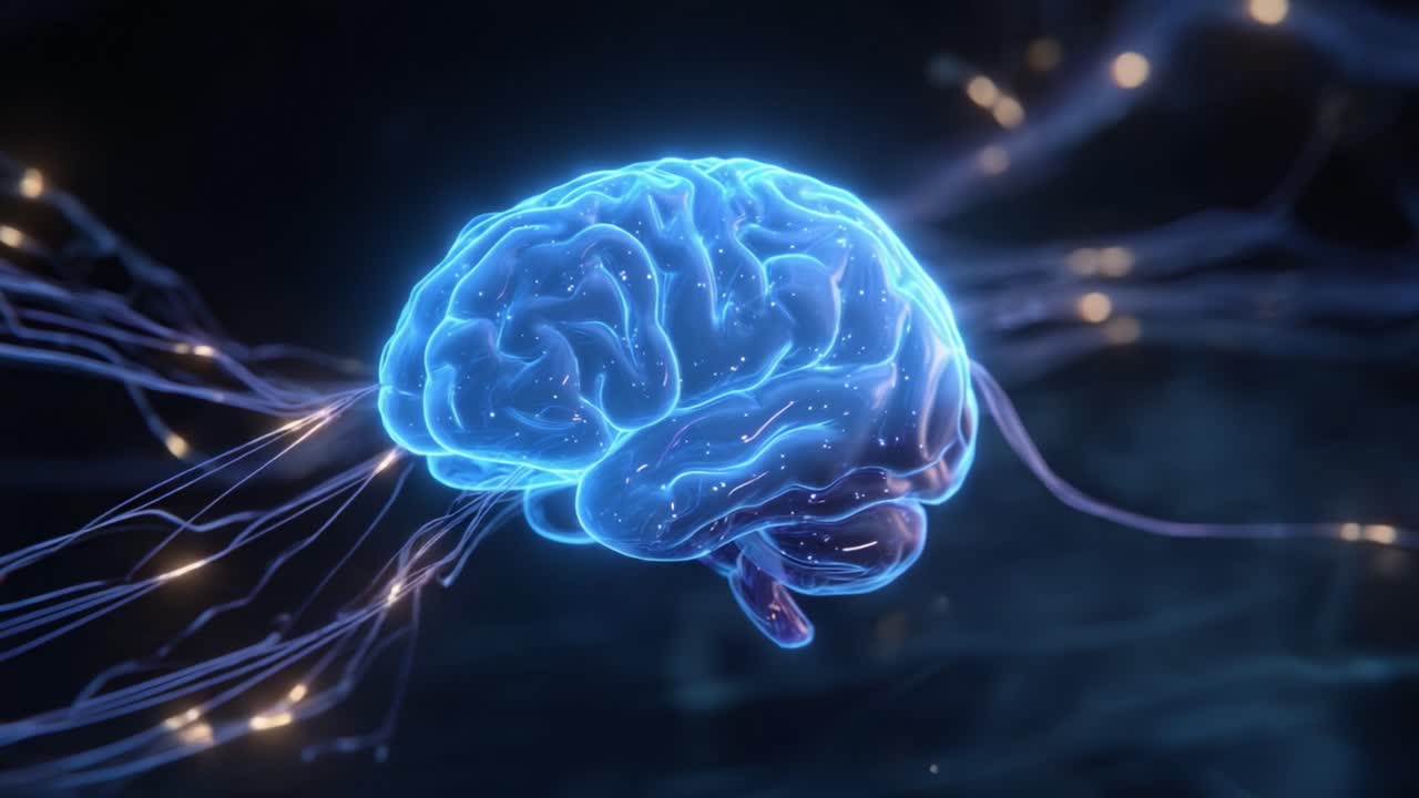 Glowing human brain rotates as neural networks fire electrical impulses, visualizing artificial intelligence, neuroscience, cognition, and futuristic digital brain activity and connections