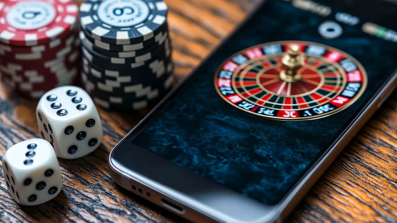 Roulette and dice online game. A smartphone displays a roulette game on a wooden table surrounded by colorful chips and dice. Players are engaged