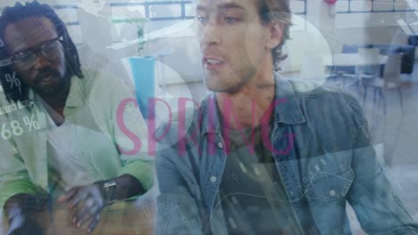 animación de texto de primavera y procesamiento de datos sobre diversos colegas de oficina discutiendo en la oficina