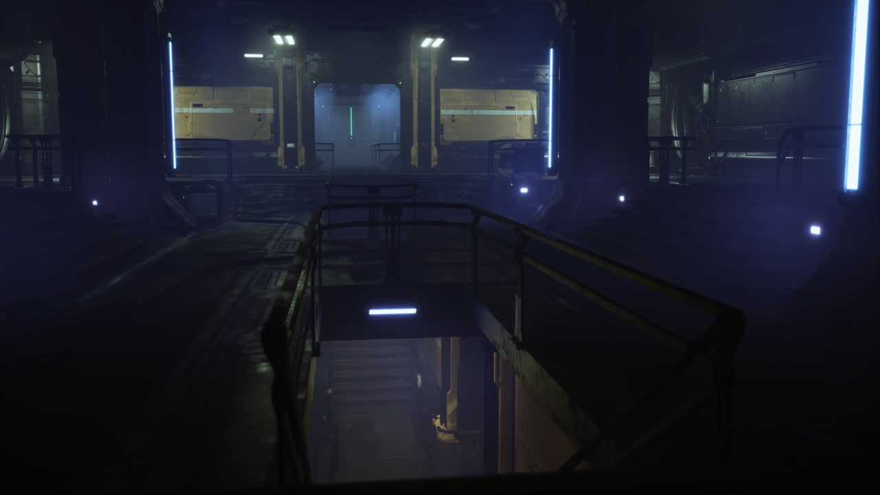 Exploring a futuristic underground facility with illuminated walkways at night