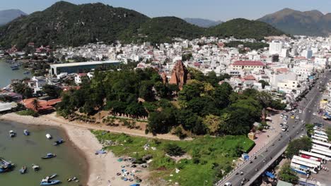 Beautiful-aerial-of-ancient-Ponagar-Tower,-temple-in-Nha-Trang-city,-Vietman