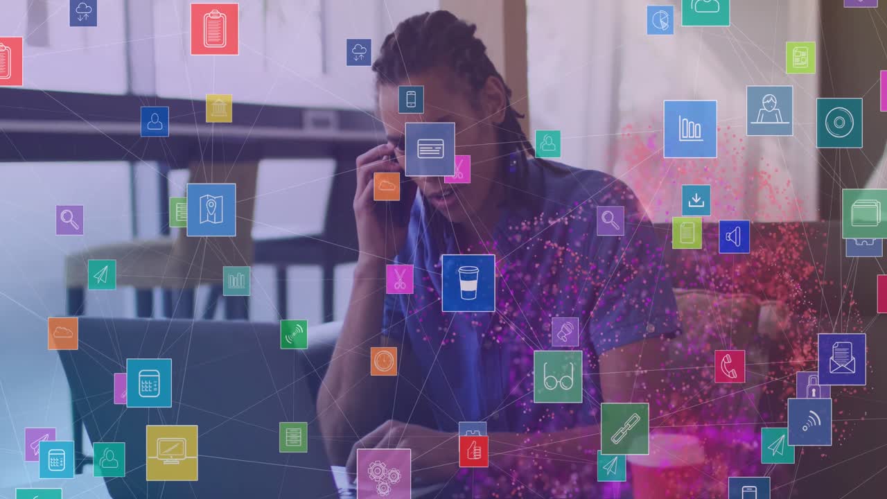 animación de una red de conexiones a través de un empresario biracial que usa un teléfono inteligente