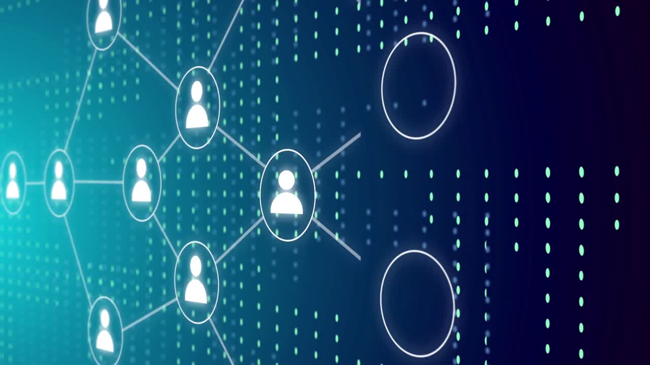 Animation of network of connections with media icons over spots on blue background